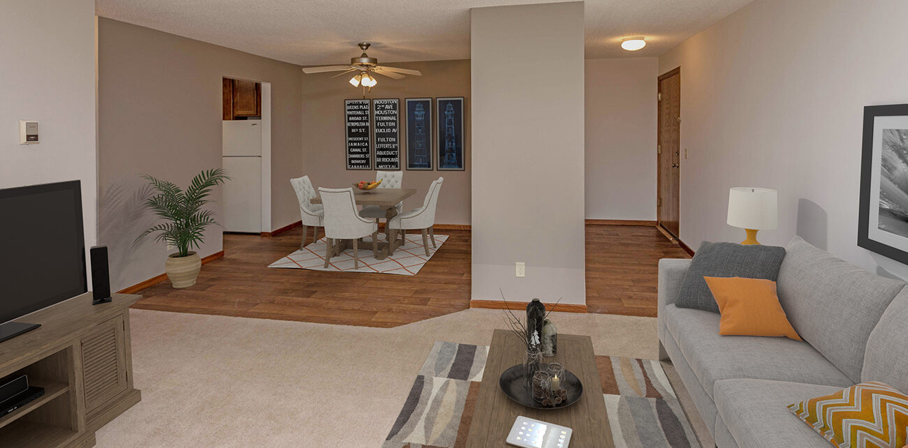 The Elm (2 Bedroom): Wood-look flooring in entry and large dining area