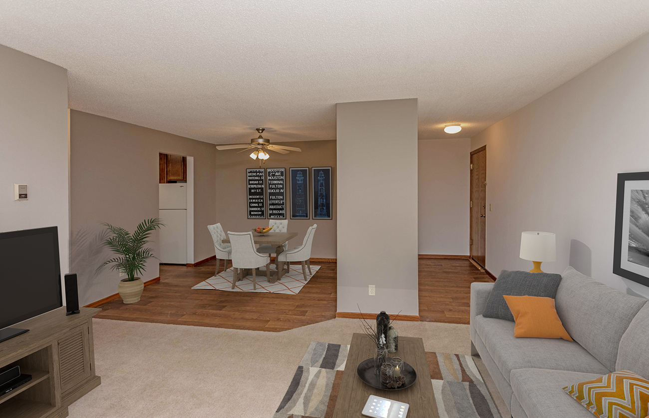The Elm (2 Bedroom): Wood-look flooring in entry and large dining area
